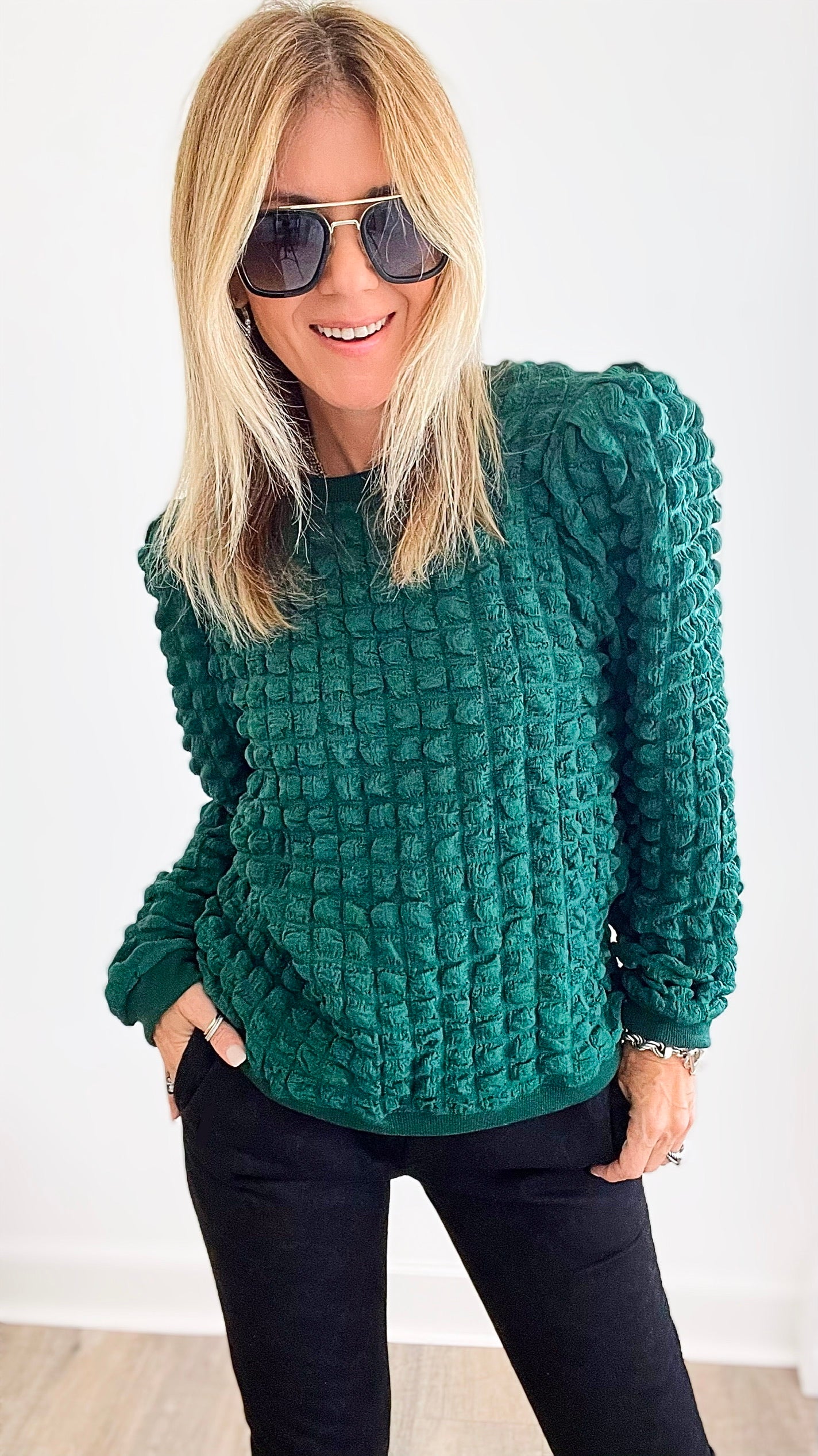 Puff Party Checkered Sweater - Emerald-130 Long Sleeve Tops-JODIFL-Coastal Bloom Boutique, find the trendiest versions of the popular styles and looks Located in Indialantic, FL