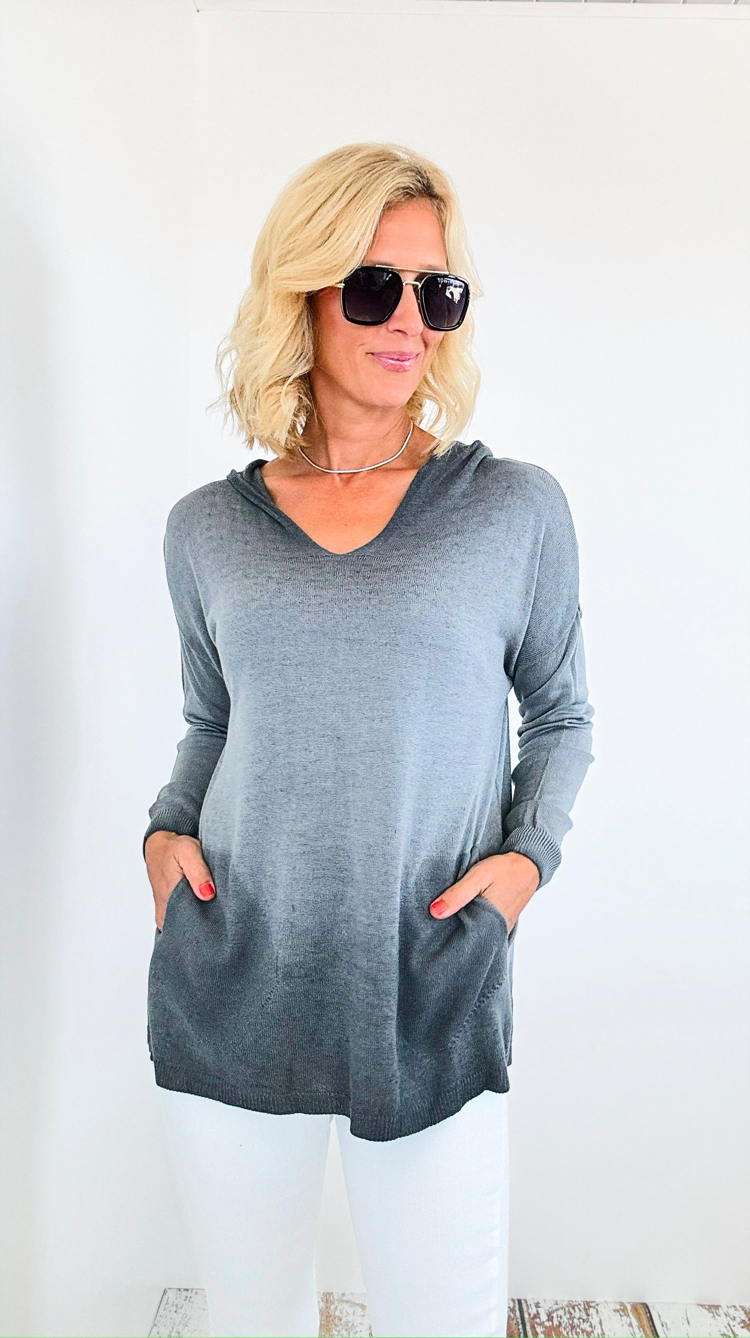 Hoodie V-Neck Italian Sweatshirt Top - Gray-130 Long Sleeve Tops-Tempo-Coastal Bloom Boutique, find the trendiest versions of the popular styles and looks Located in Indialantic, FL