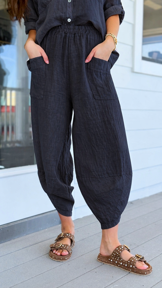 La Spezia Barrel Linen Italian Pant- Navy