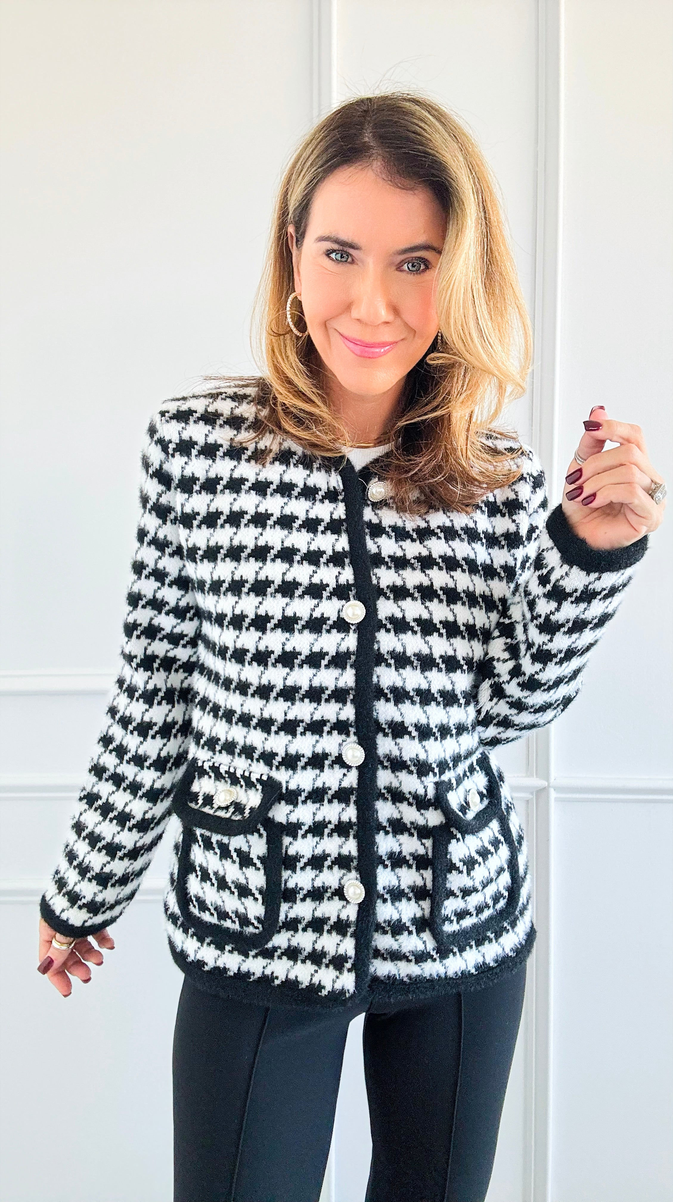 Houndstooth Tweed Jacket - White/ Black-160 Jackets-SANTOORI-Coastal Bloom Boutique, find the trendiest versions of the popular styles and looks Located in Indialantic, FL