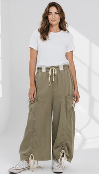 Wide-Leg Drawstring Cotton Pants -Olive-170 Bottoms-Blue Velvet-Coastal Bloom Boutique, find the trendiest versions of the popular styles and looks Located in Indialantic, FL