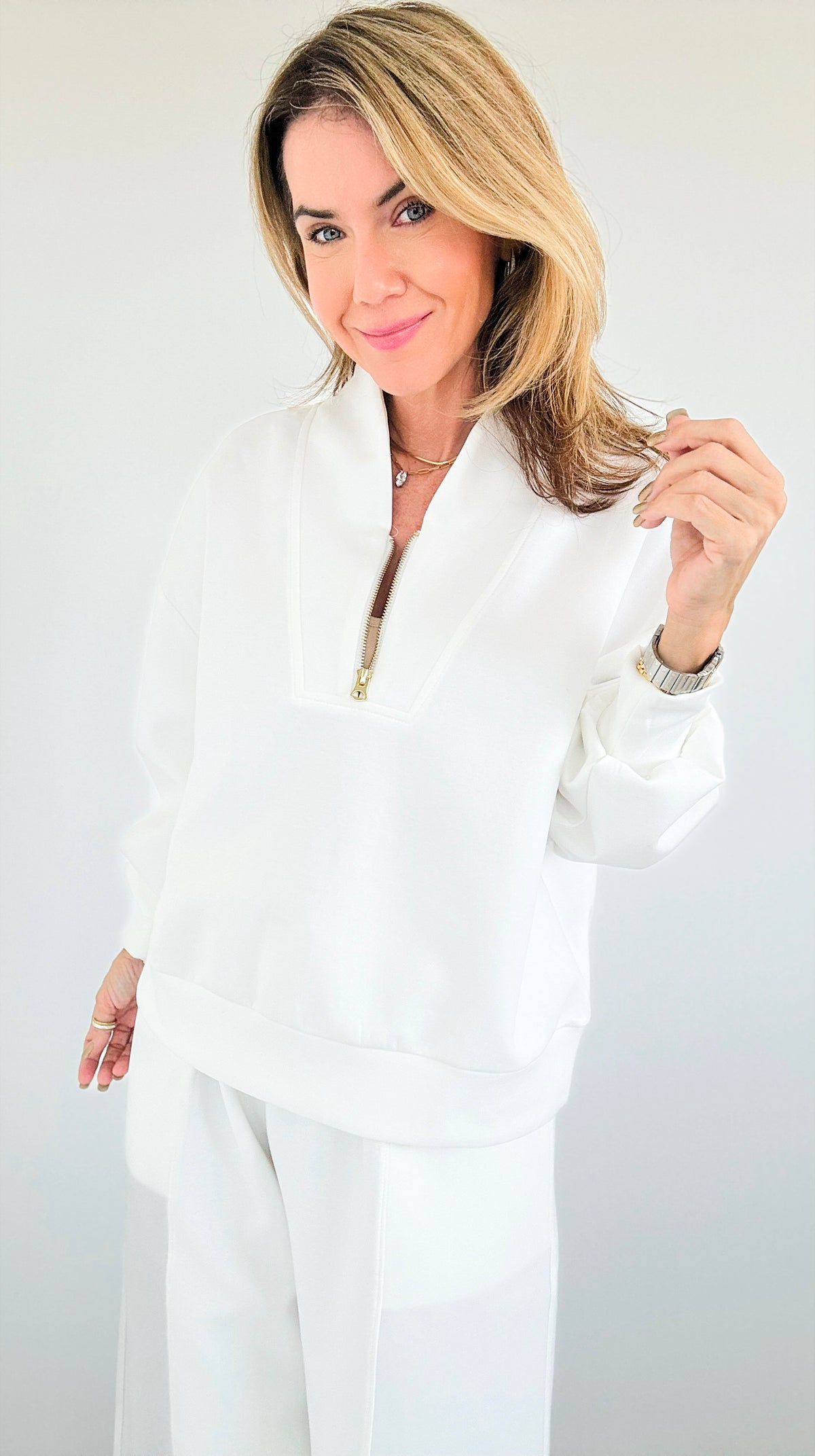 Zip-Up Scuba Long Sleeve Sweatshirt - Off White-110 Short Sleeve Tops-BucketList-Coastal Bloom Boutique, find the trendiest versions of the popular styles and looks Located in Indialantic, FL