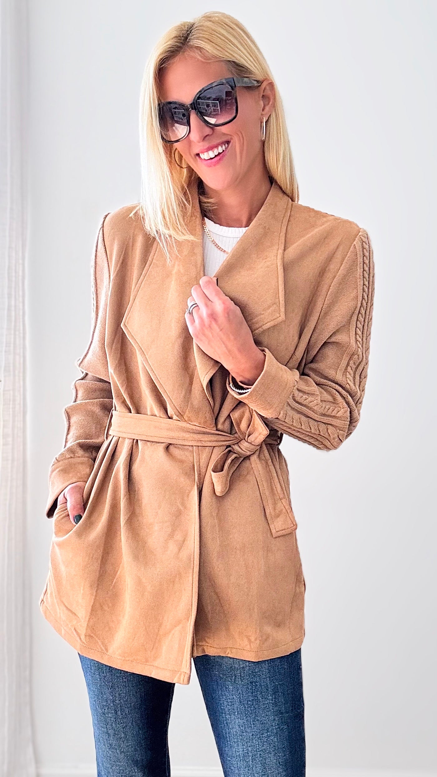 Sedona Suede Tie Jacket-160 Jackets-Blue Blush-Coastal Bloom Boutique, find the trendiest versions of the popular styles and looks Located in Indialantic, FL