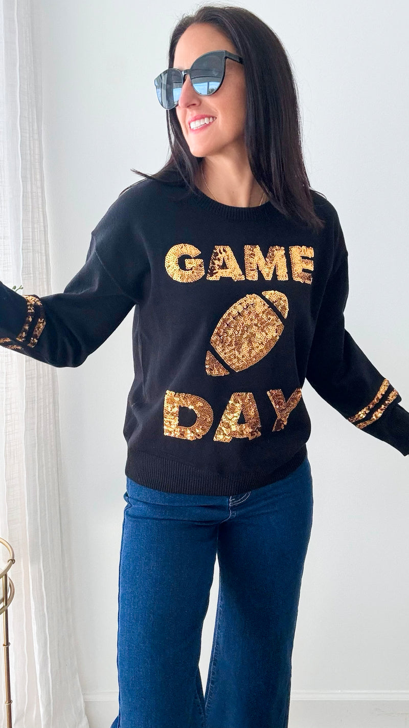 Game Day Sequin Sweater - Black Gold-140 Sweaters-Why Dress-Coastal Bloom Boutique, find the trendiest versions of the popular styles and looks Located in Indialantic, FL