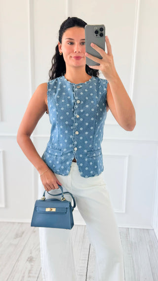 Polka Dot Scalloped Denim Top