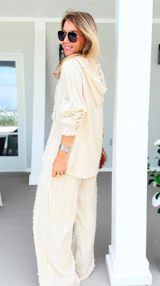 Frayed Textured Hooded Button Front Shirt