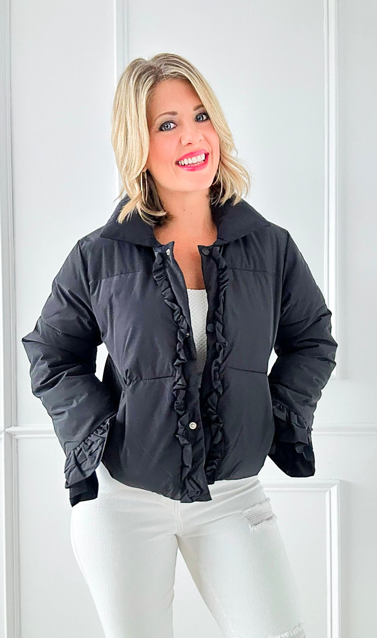 Rosy Ruffle Puffer Jacket-160 Jackets-Veveret-Coastal Bloom Boutique, find the trendiest versions of the popular styles and looks Located in Indialantic, FL