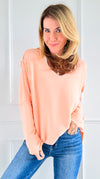 Vintage Terry Italian V-Neck Sweatshirt- Melon-130 Long Sleeve Tops-Italianissimo-Coastal Bloom Boutique, find the trendiest versions of the popular styles and looks Located in Indialantic, FL