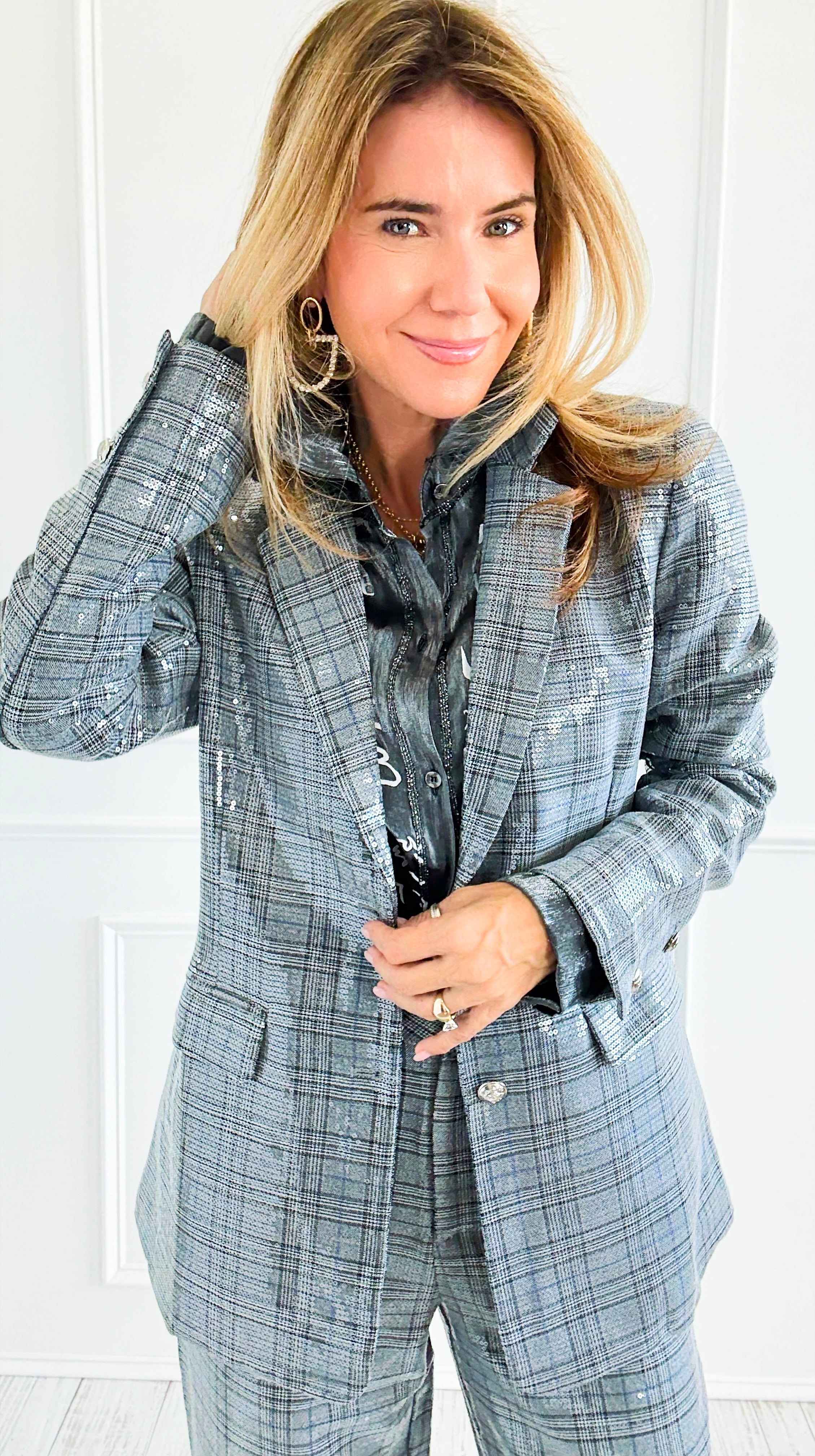 Disco Grid Sequin Blazer-160 Jackets-Fate BY LFD-Coastal Bloom Boutique, find the trendiest versions of the popular styles and looks Located in Indialantic, FL