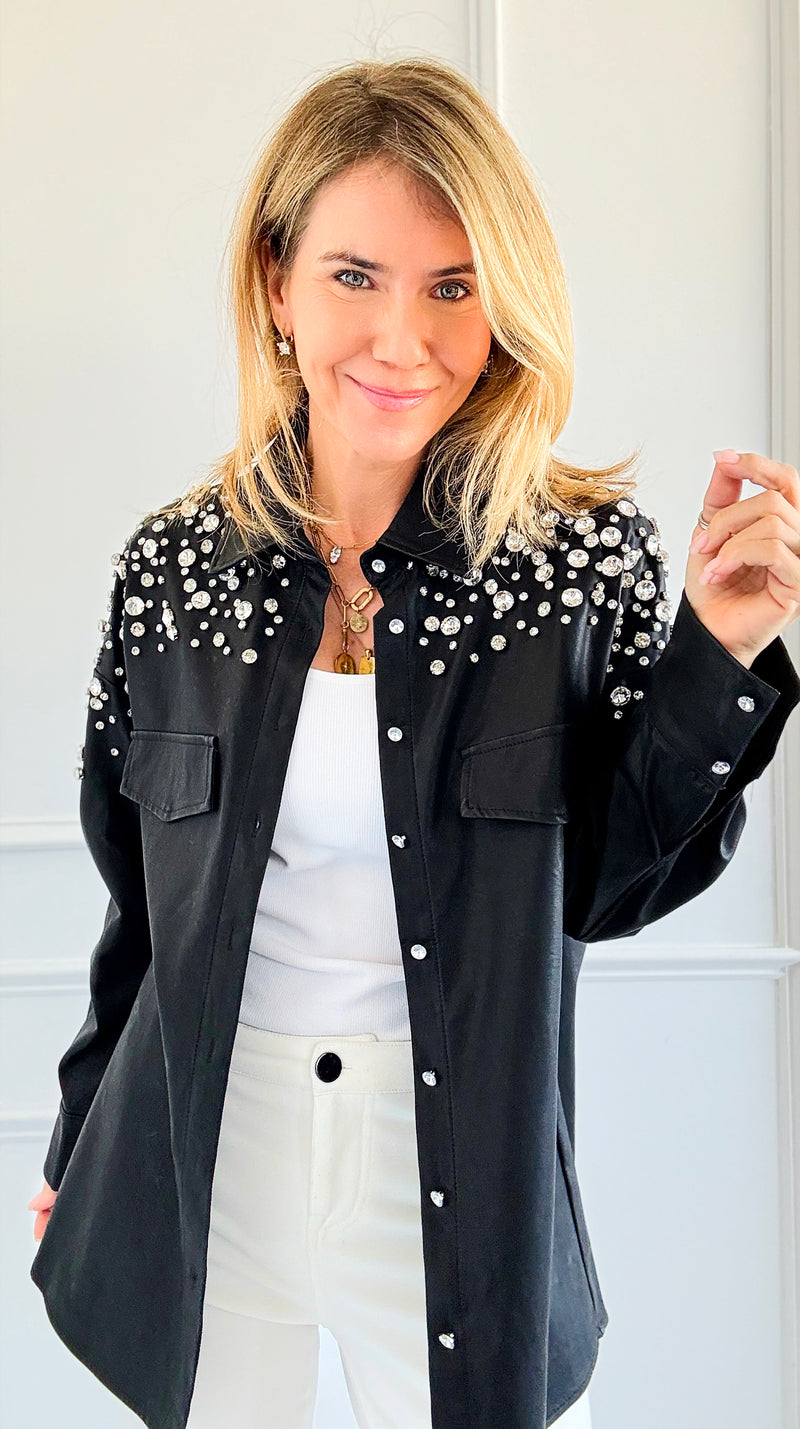 Shimmering Elegance Button-Down Jacket - Black-160 Jackets-SALT-Coastal Bloom Boutique, find the trendiest versions of the popular styles and looks Located in Indialantic, FL