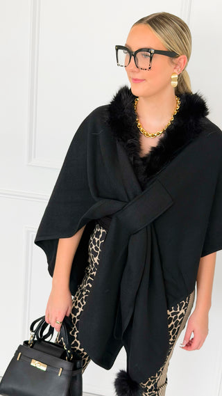 Plush Collar Wrap Poncho - Black