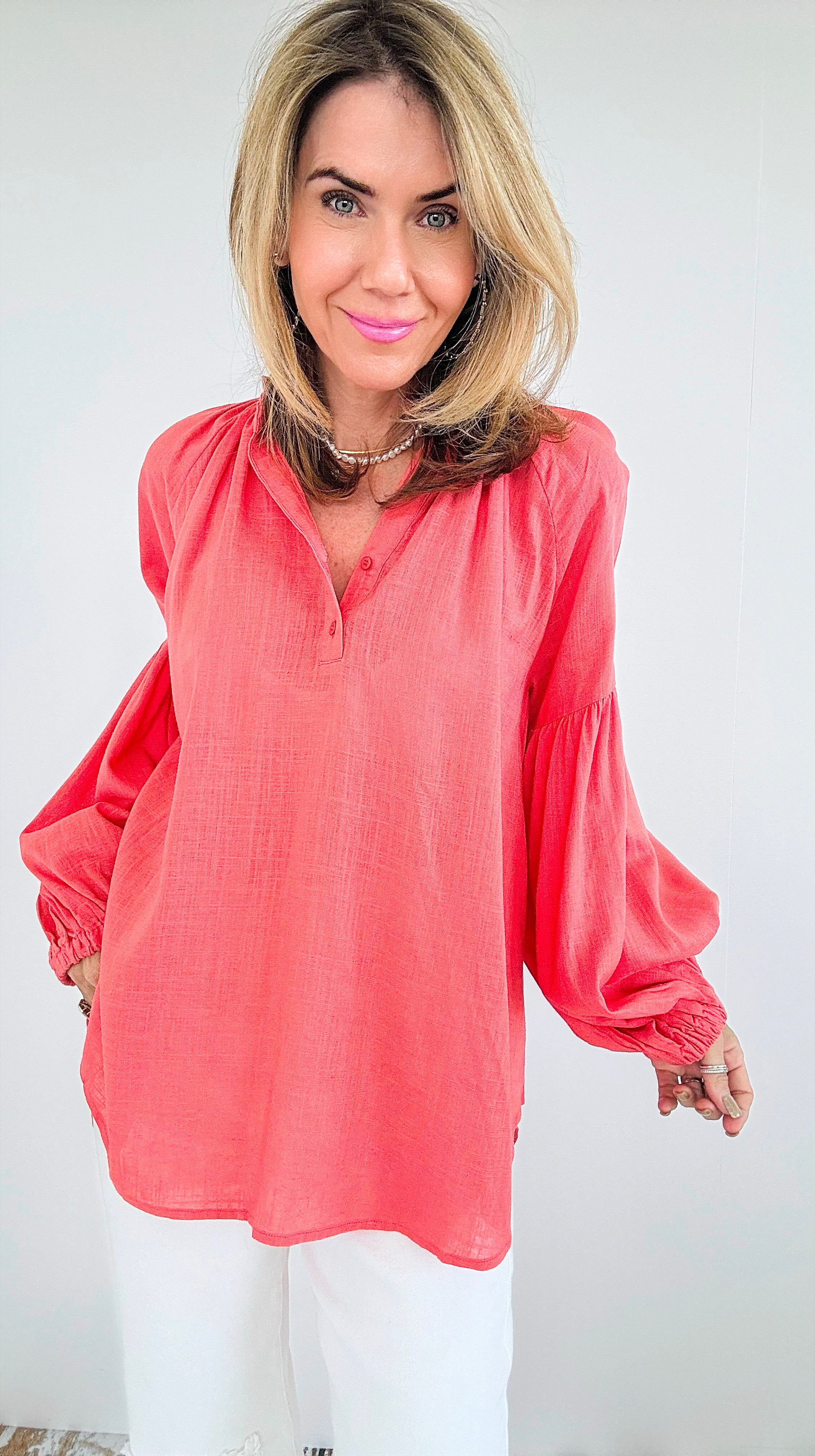 Savannah Breeze Peasant Blouse - Coral-130 Long Sleeve Tops-ROUSSEAU-Coastal Bloom Boutique, find the trendiest versions of the popular styles and looks Located in Indialantic, FL