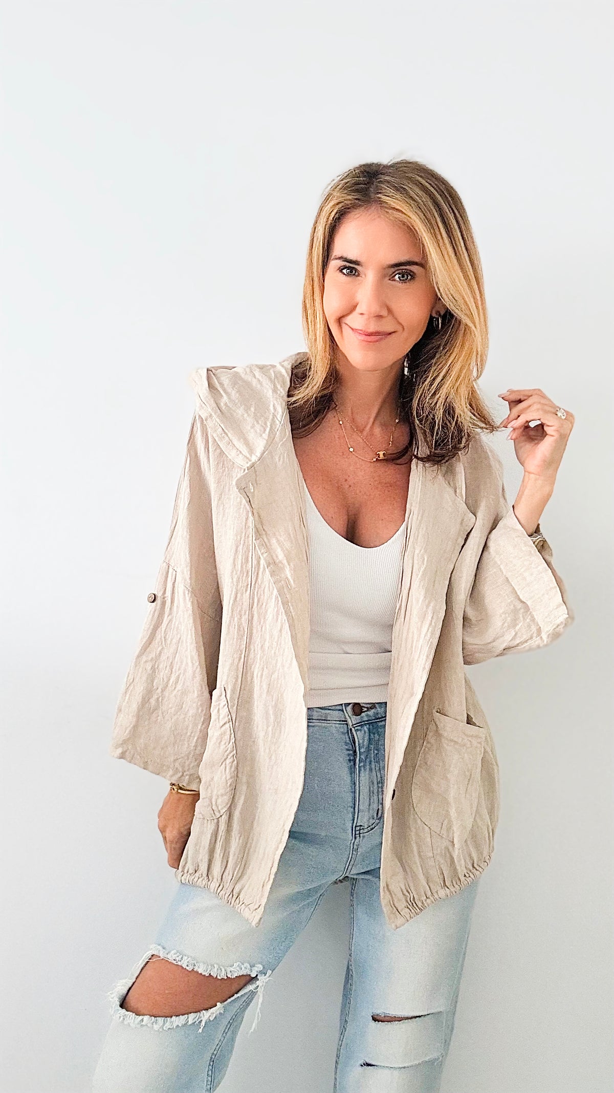 Sundown Hooded Italian Jacket - Ecru-160 Jackets-Germany-Coastal Bloom Boutique, find the trendiest versions of the popular styles and looks Located in Indialantic, FL