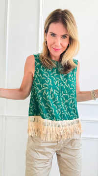 Sleeveless Fringed Detail Print Top-Green-100 Sleeveless Tops-VOY-Coastal Bloom Boutique, find the trendiest versions of the popular styles and looks Located in Indialantic, FL