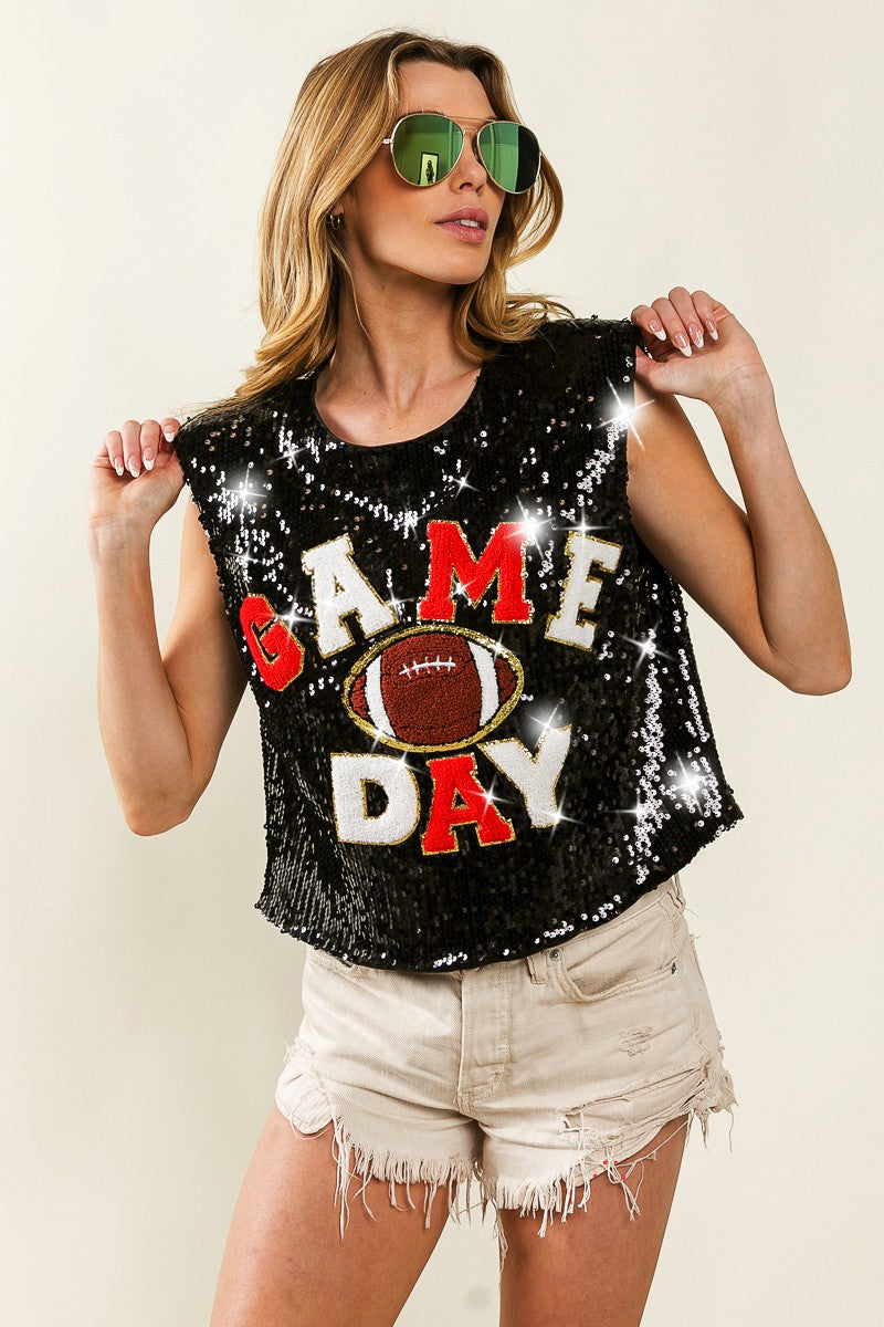 Saturday Game Day Sequin Bling Top - Black/Red-110 Short Sleeve Tops-BIBI-Coastal Bloom Boutique, find the trendiest versions of the popular styles and looks Located in Indialantic, FL