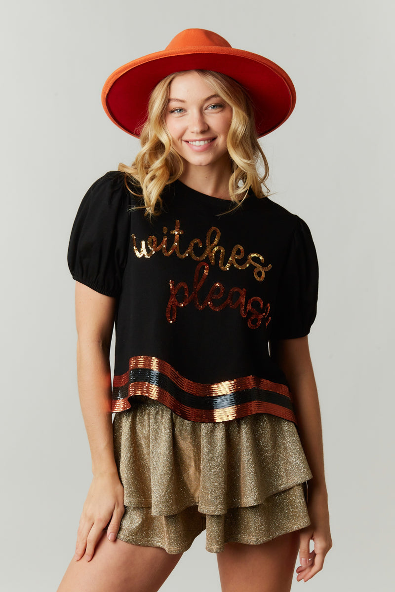 Witches, Please Sequin Blouse- Black-110 Short Sleeve Tops-Peach Love California-Coastal Bloom Boutique, find the trendiest versions of the popular styles and looks Located in Indialantic, FL
