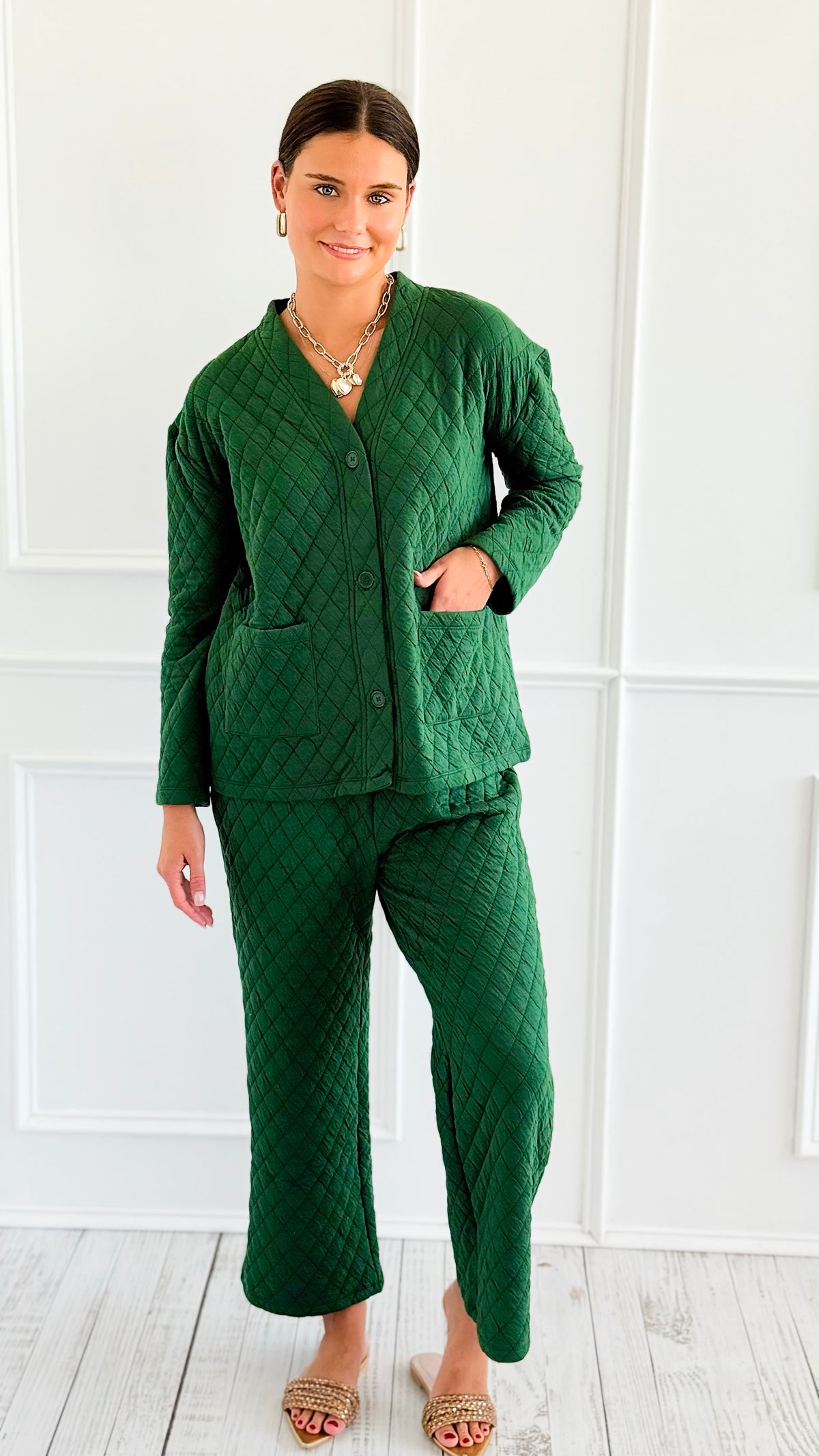 Quilted Jacket and Pants Set - Dark Green-210 Loungewear/Sets-Zenana-Coastal Bloom Boutique, find the trendiest versions of the popular styles and looks Located in Indialantic, FL