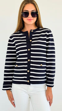 Striped Gold Button Cardigan-150 Cardigans/Layers-See and Be Seen-Coastal Bloom Boutique, find the trendiest versions of the popular styles and looks Located in Indialantic, FL