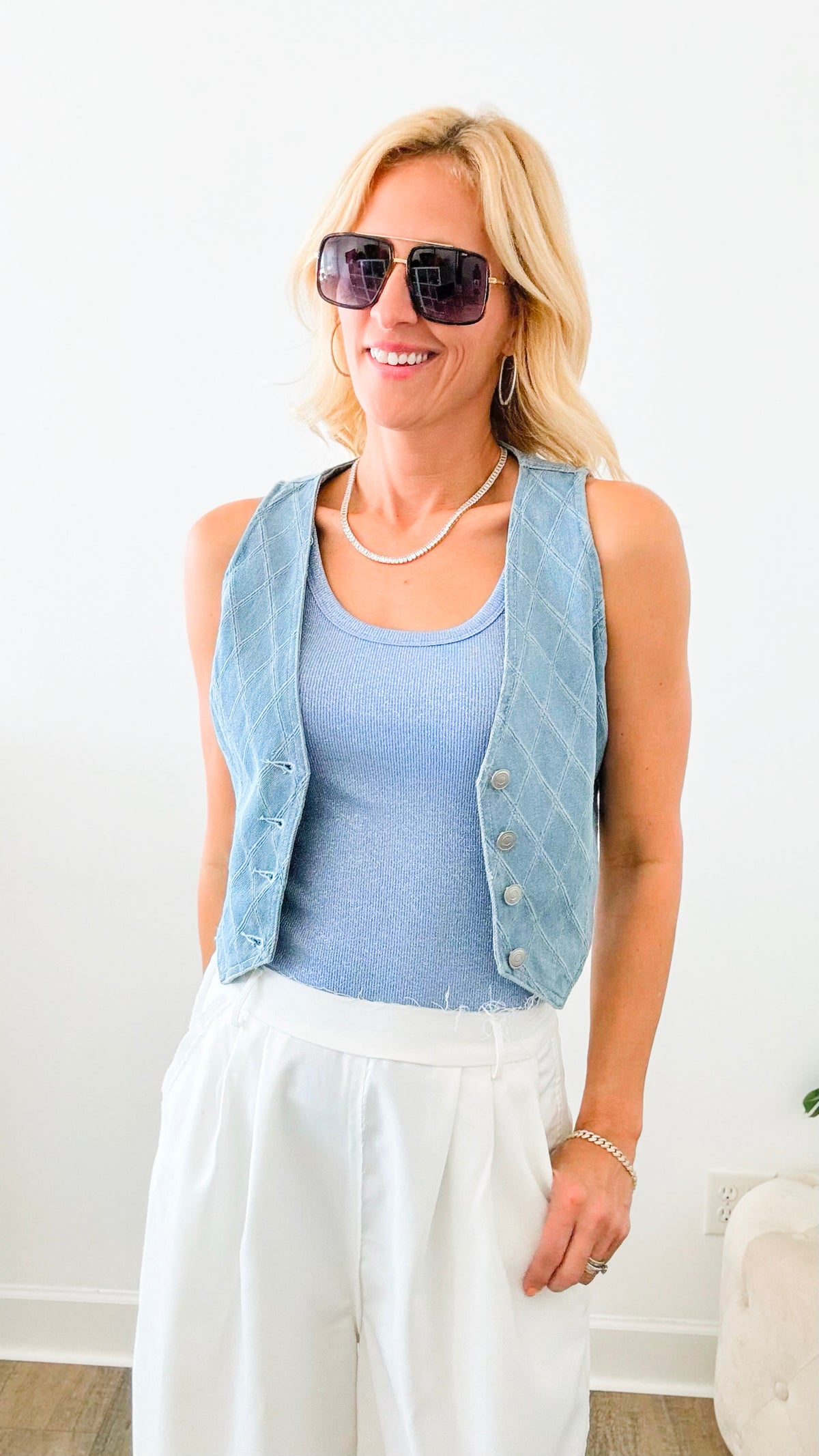Patterned Denim Vest-100 Sleeveless Tops-Edit By Nine-Coastal Bloom Boutique, find the trendiest versions of the popular styles and looks Located in Indialantic, FL