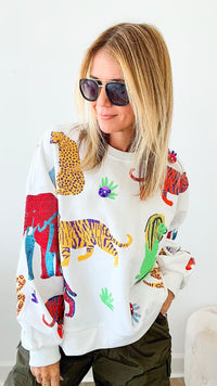 Walk About The Zoo Queen of Sparkles Sequin Sweatshirt - White-130 Long Sleeve Tops-Queen of Sparkles-Coastal Bloom Boutique, find the trendiest versions of the popular styles and looks Located in Indialantic, FL