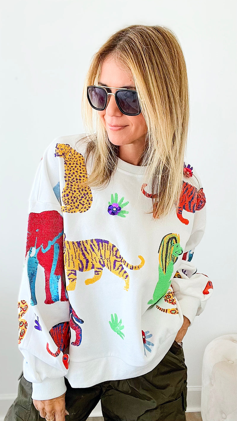 Walk About The Zoo Queen of Sparkles Sequin Sweatshirt - White-130 Long Sleeve Tops-Queen of Sparkles-Coastal Bloom Boutique, find the trendiest versions of the popular styles and looks Located in Indialantic, FL