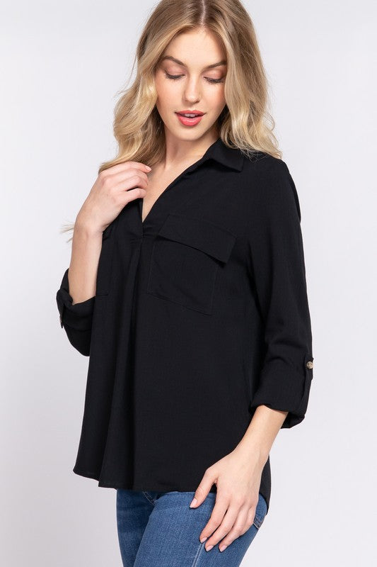 Midnight Charm Pocket Blouse-100 Sleeveless Tops-Active Basic-Coastal Bloom Boutique, find the trendiest versions of the popular styles and looks Located in Indialantic, FL