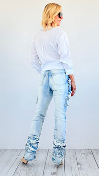 Street Style Cargo Denim Pants - Light Washed Denim-170 Bottoms-SMOKE RISE RED-Coastal Bloom Boutique, find the trendiest versions of the popular styles and looks Located in Indialantic, FL