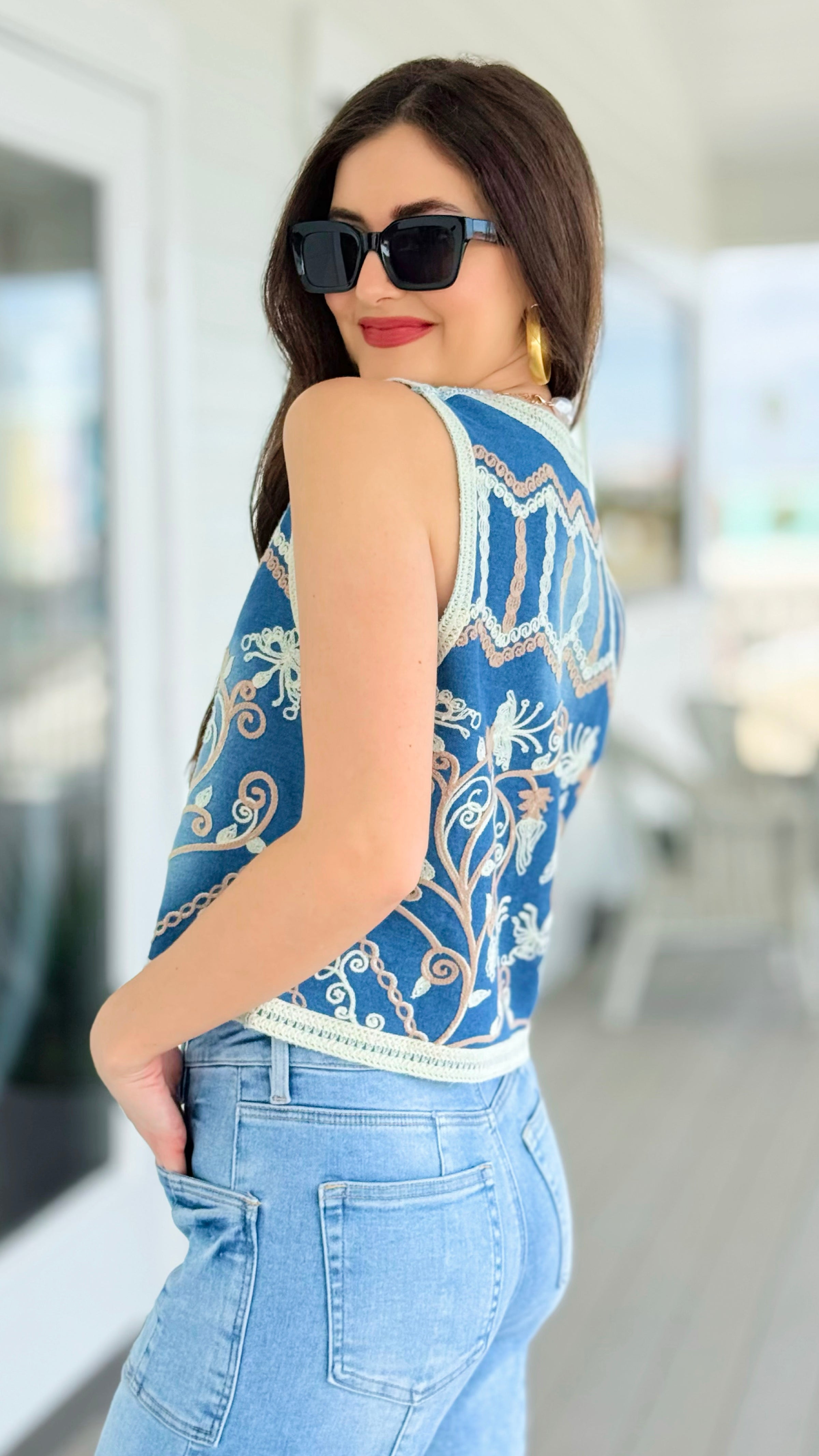 Sleeveless Embroidered Denim Button-Up