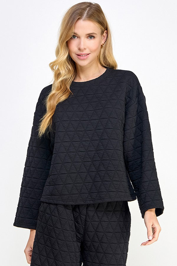 Taylor Quilted Long Sleeve Set - Black-210 Loungewear/Sets-See and Be Seen-Coastal Bloom Boutique, find the trendiest versions of the popular styles and looks Located in Indialantic, FL
