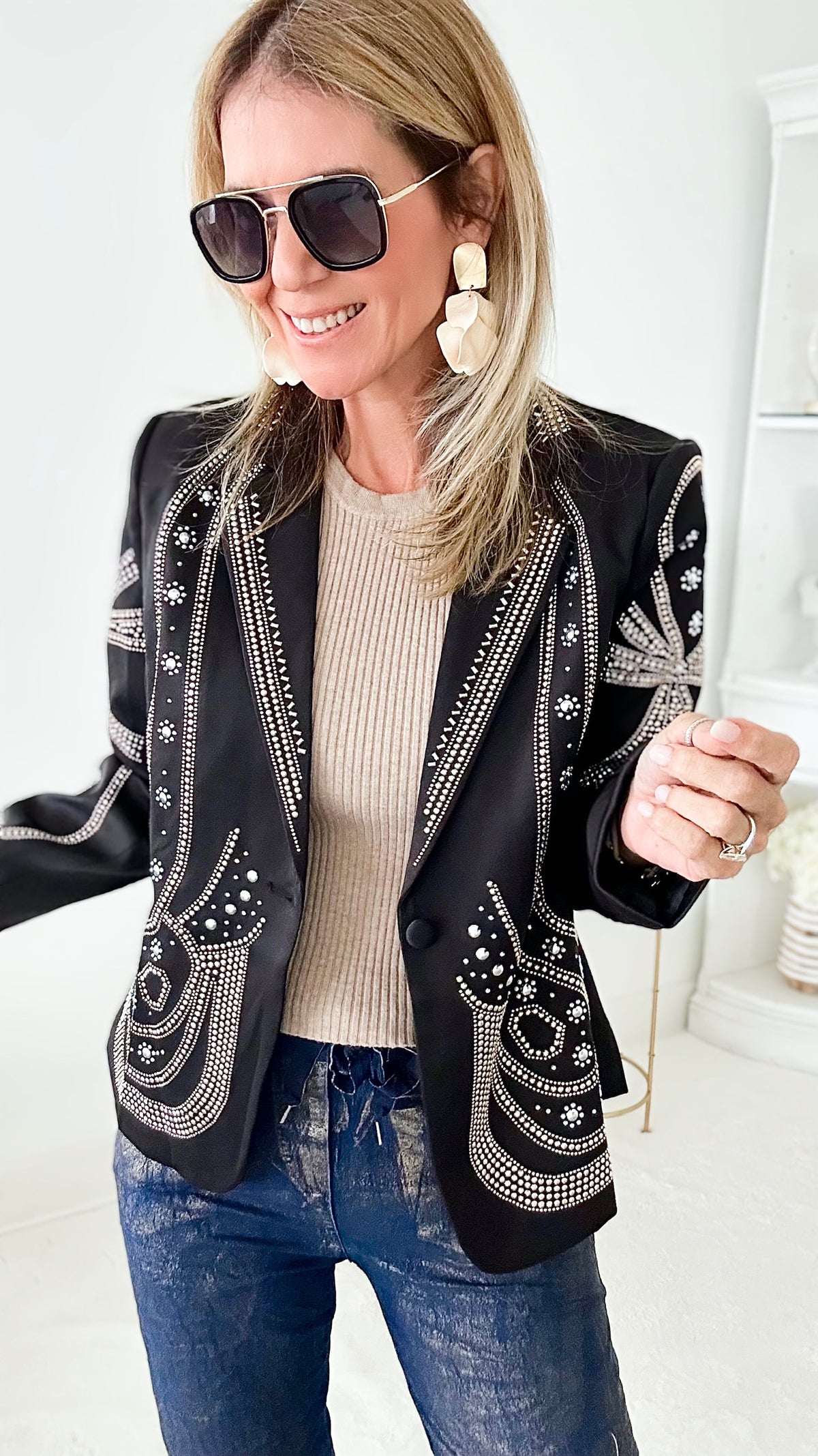 Woman in Gold Embellished Blazer-160 Jackets-LA' ROS-Coastal Bloom Boutique, find the trendiest versions of the popular styles and looks Located in Indialantic, FL