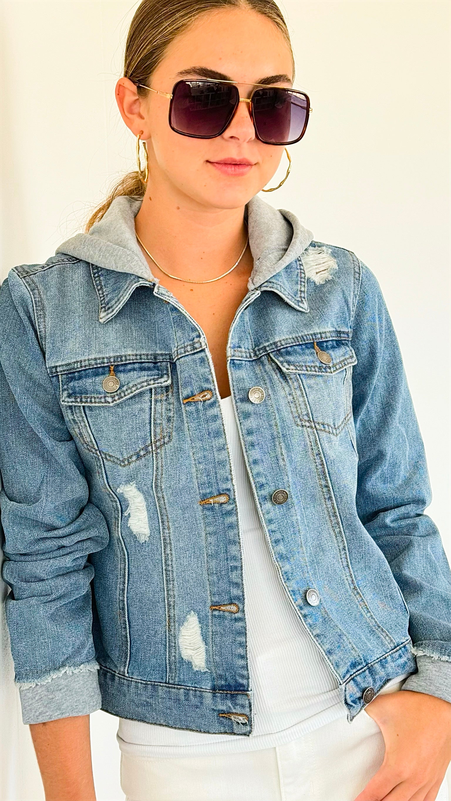 Distressed Hooded Denim Jacket-Grey-160 Jackets-Veracci-Coastal Bloom Boutique, find the trendiest versions of the popular styles and looks Located in Indialantic, FL