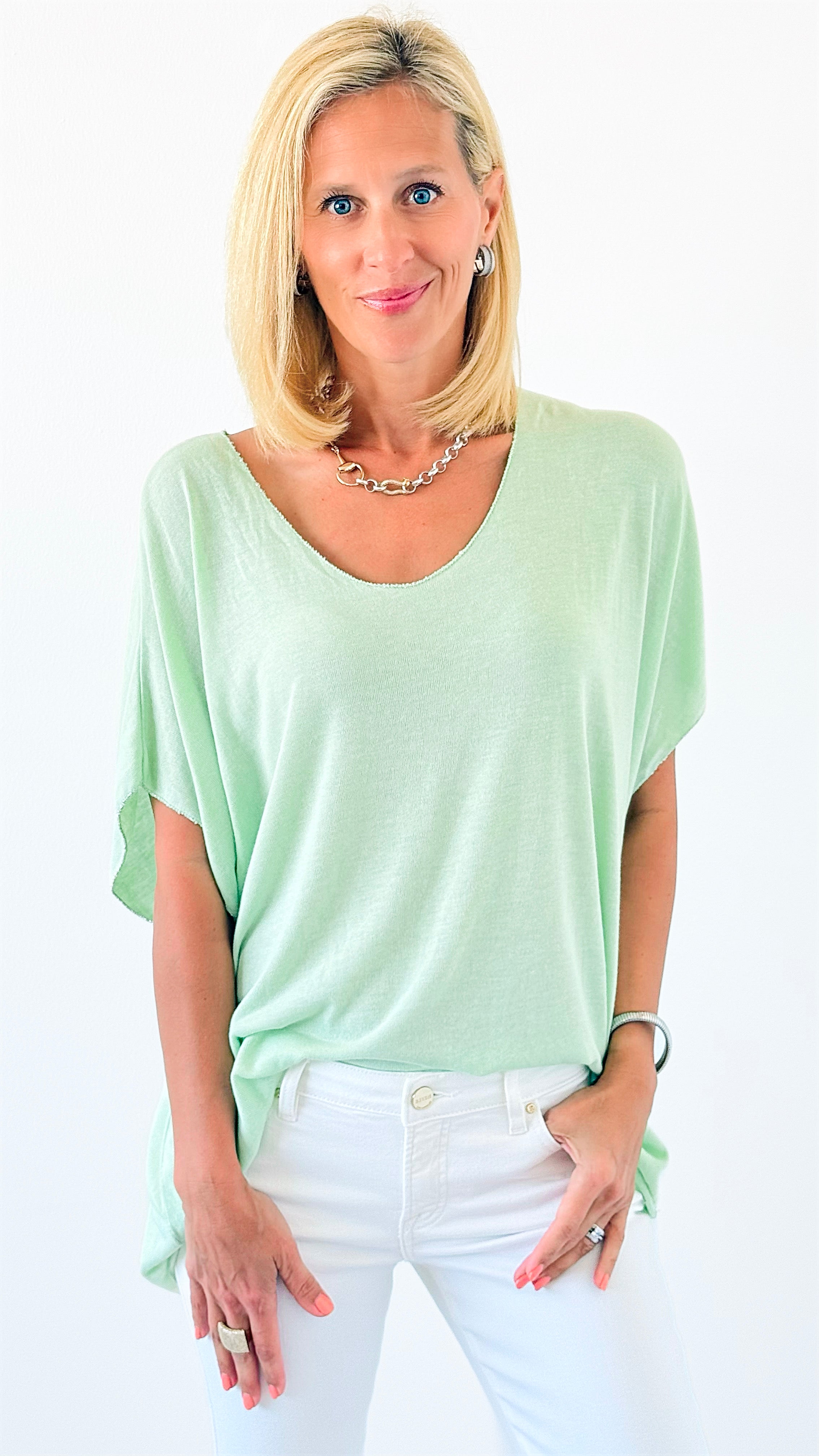 Relaxed Recoleta Lurex Trim Short Sleeve Italian Top- Light Green-110 short Sleeve Top-Italianissimo-Coastal Bloom Boutique, find the trendiest versions of the popular styles and looks Located in Indialantic, FL