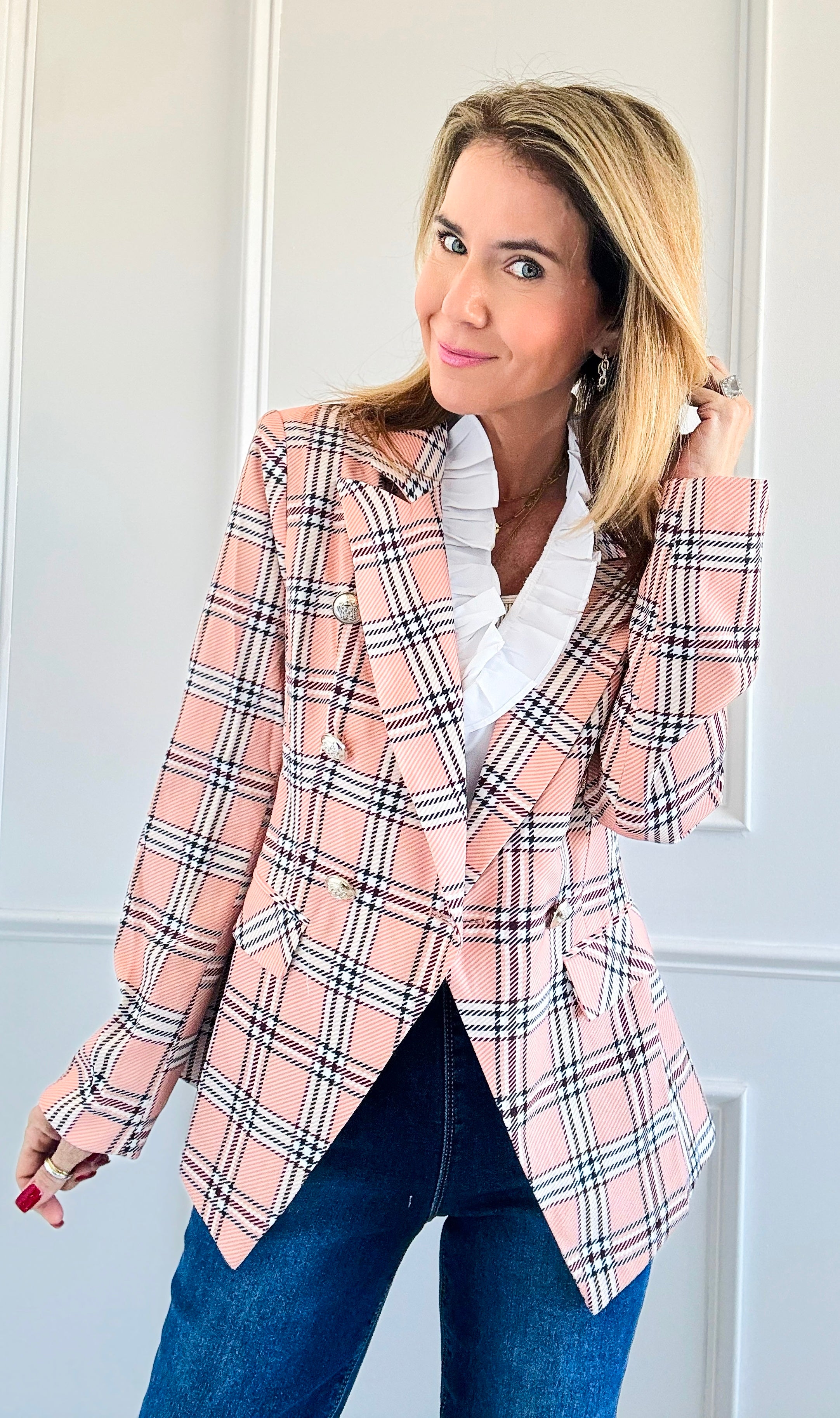 City Lights Plaid Statement Blazer-140 Sweaters-Cezele-Coastal Bloom Boutique, find the trendiest versions of the popular styles and looks Located in Indialantic, FL