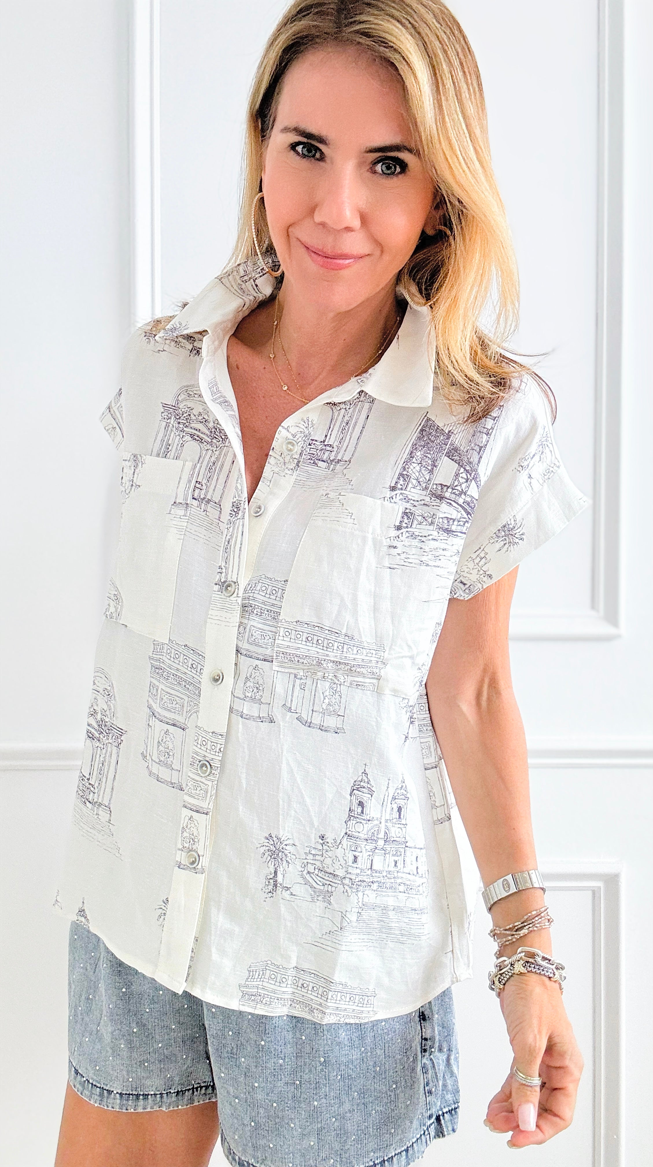 Scenic Print Shirt - Ivory-110 Short Sleeve Tops-Fate By LFD-Coastal Bloom Boutique, find the trendiest versions of the popular styles and looks Located in Indialantic, FL
