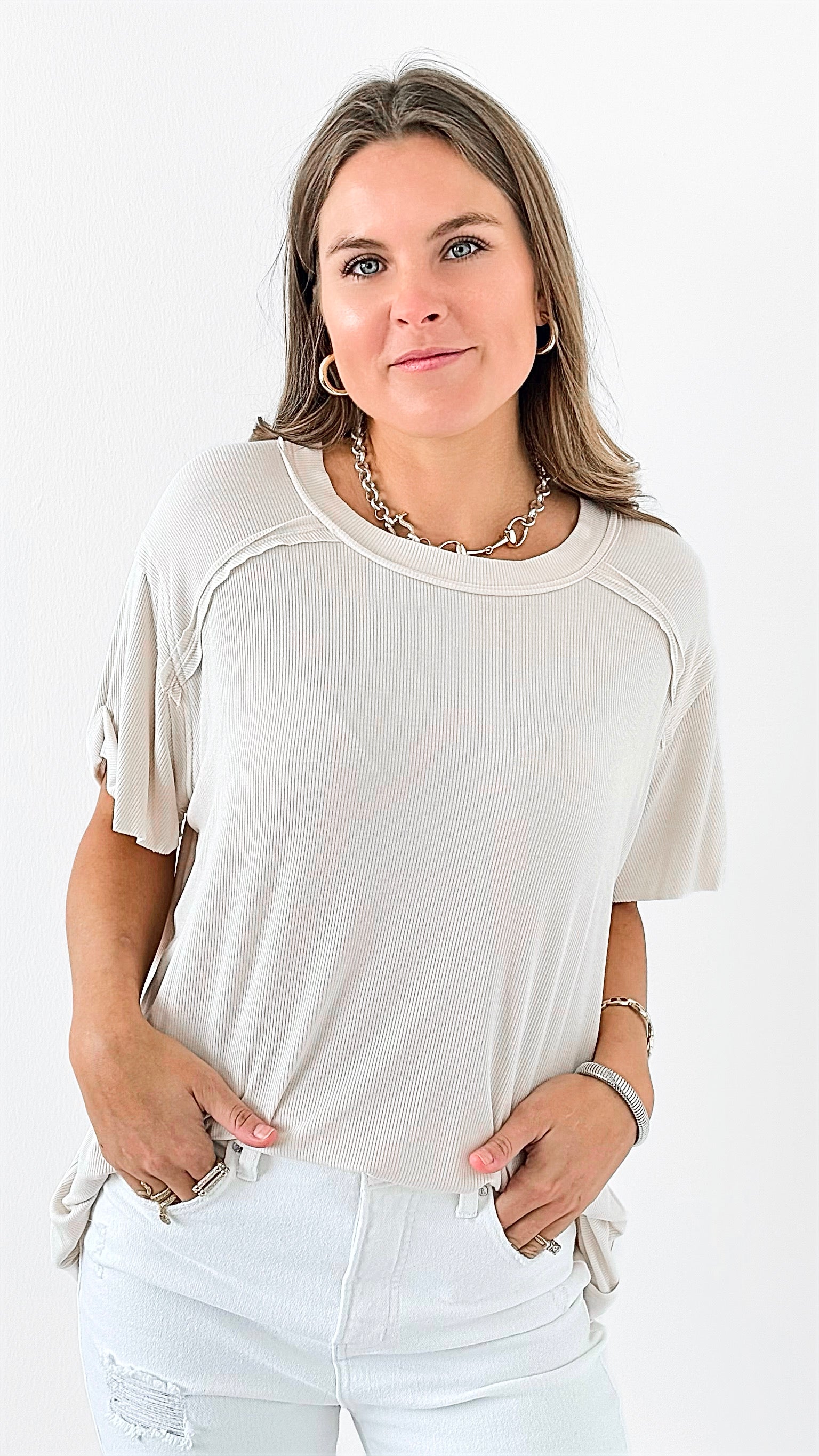 Breezy Ribbed Knit Top - Sand Beige-110 Short Sleeve Tops-Zenana-Coastal Bloom Boutique, find the trendiest versions of the popular styles and looks Located in Indialantic, FL