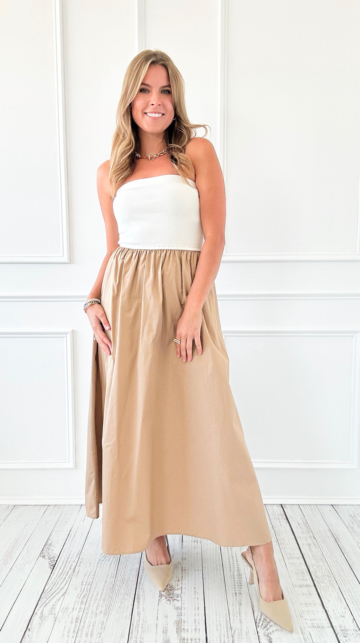 Monochrome Moment Strapless Dress - Ivory/Taupe-200 Dresses/Jumpsuits/Rompers-Blu Pepper-Coastal Bloom Boutique, find the trendiest versions of the popular styles and looks Located in Indialantic, FL