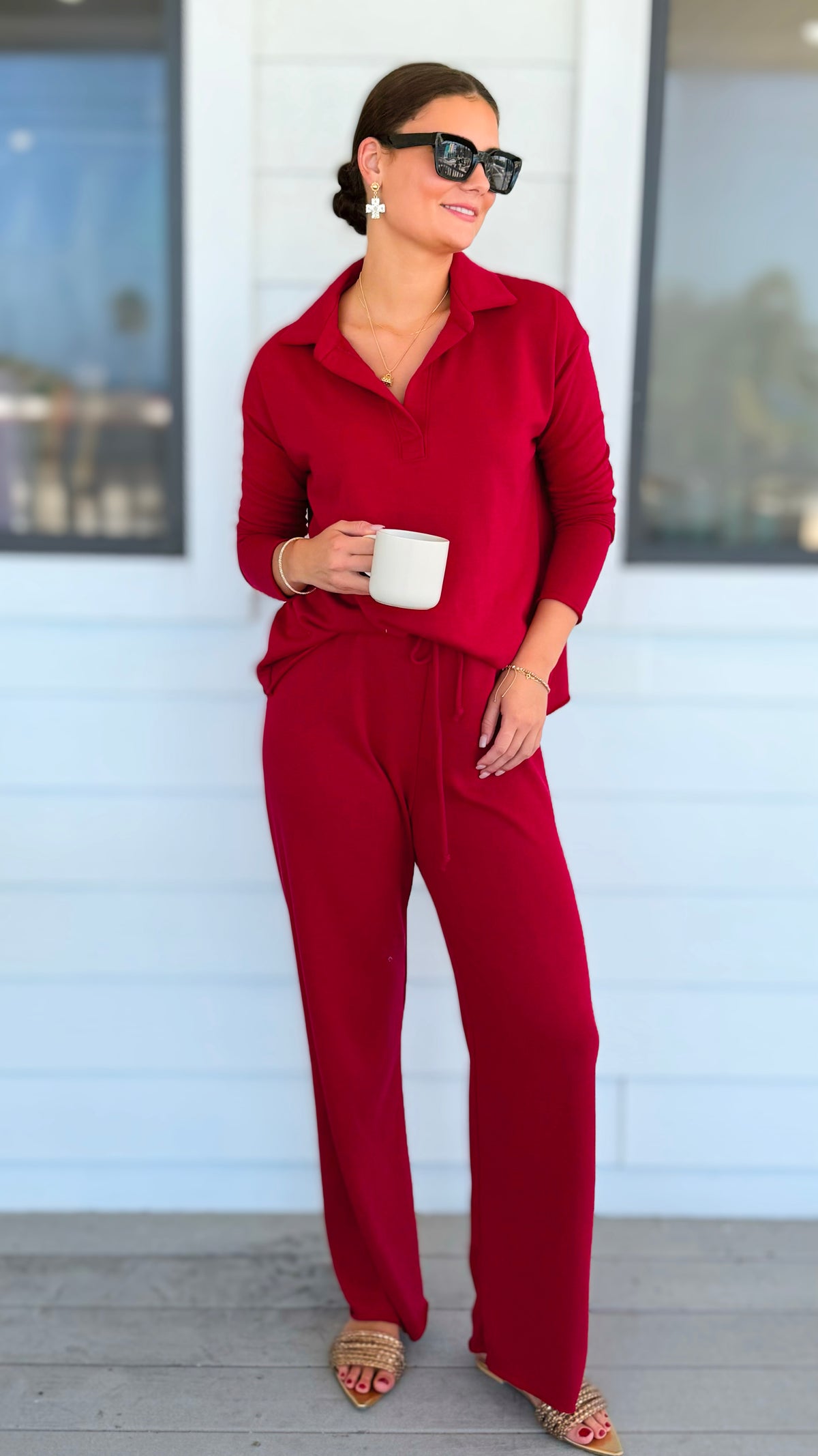 Chic & Cozy Eileen French Terry Pant Set - Cranberry-210 Loungewear/sets-EC COLLECTION INC-Coastal Bloom Boutique, find the trendiest versions of the popular styles and looks Located in Indialantic, FL