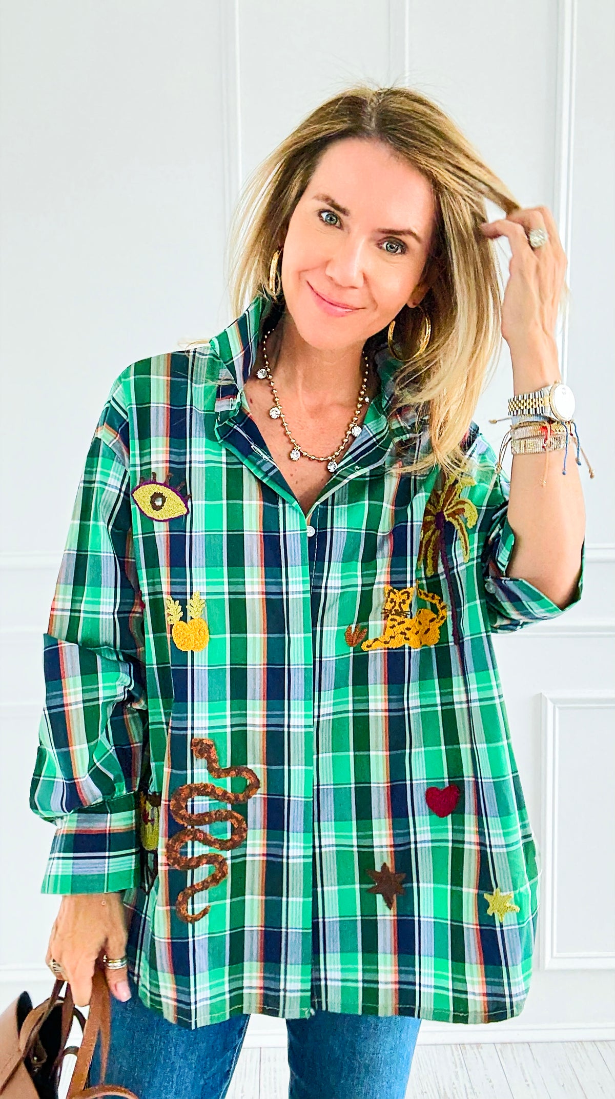 Desert Mirage Plaid Italian Blouse-Green-110 Long Sleeve Tops-TATTOO Z-Coastal Bloom Boutique, find the trendiest versions of the popular styles and looks Located in Indialantic, FL