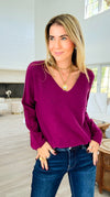 Soho Italian V-Neck Pullover- Plum-140 Sweaters-Italianissimo/ Max & D/ AUTE-Coastal Bloom Boutique, find the trendiest versions of the popular styles and looks Located in Indialantic, FL