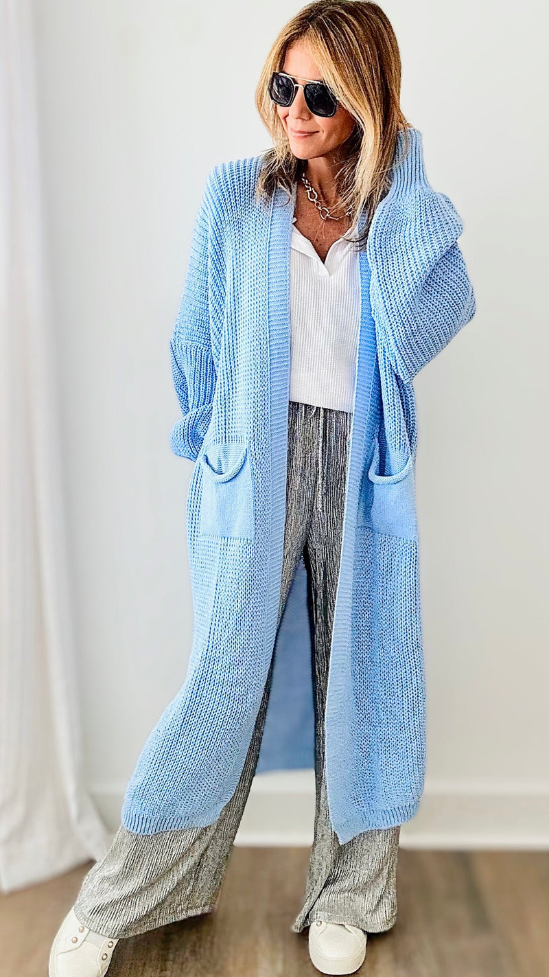 Sugar High Long Italian Cardigan- Dusty Blue-150 Cardigans/Layers-Germany-Coastal Bloom Boutique, find the trendiest versions of the popular styles and looks Located in Indialantic, FL