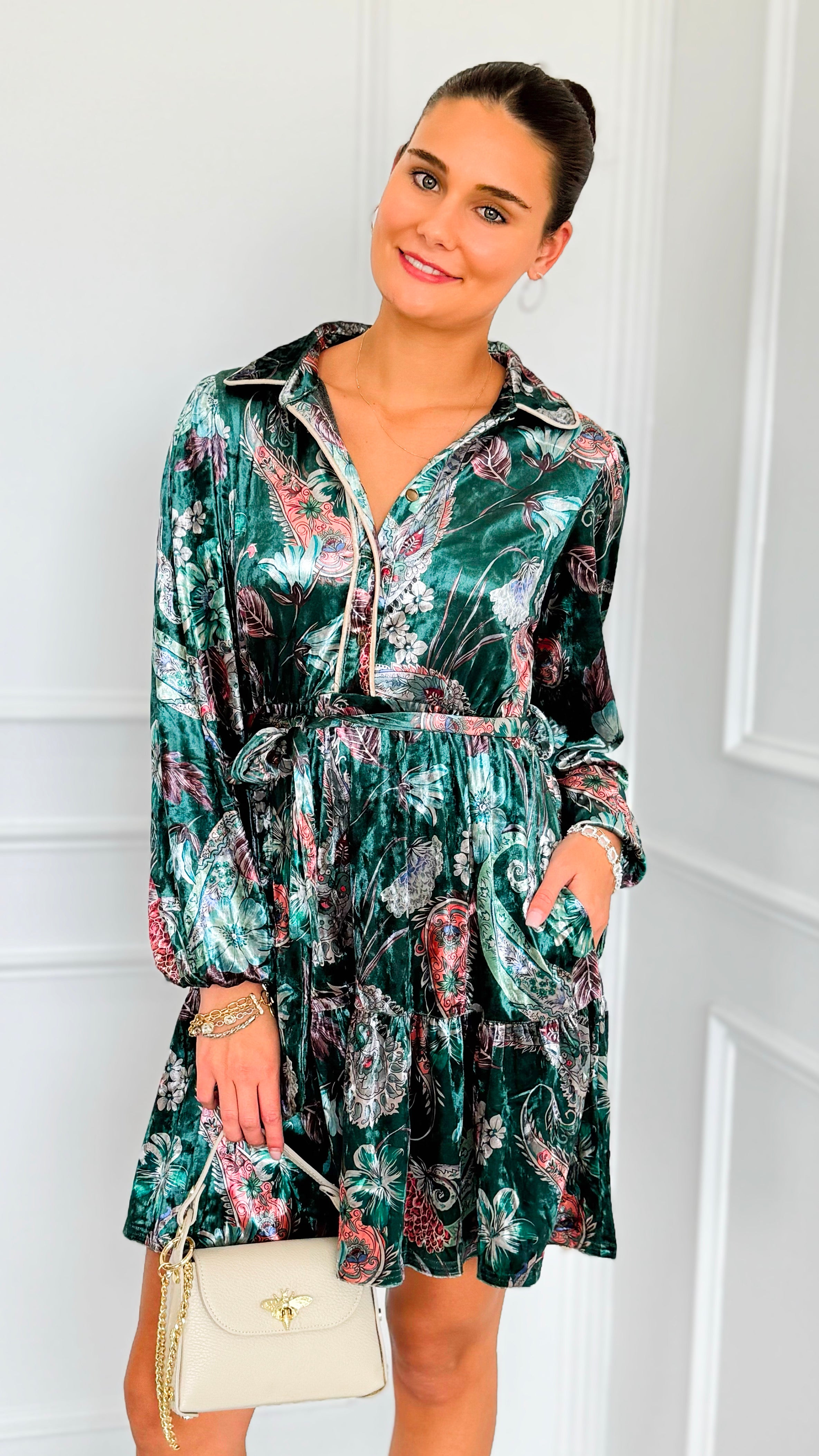Paisley Poem Tiered Velvet Dress-200 Dresses/Jumpsuits/Rompers-JODIFL-Coastal Bloom Boutique, find the trendiest versions of the popular styles and looks Located in Indialantic, FL