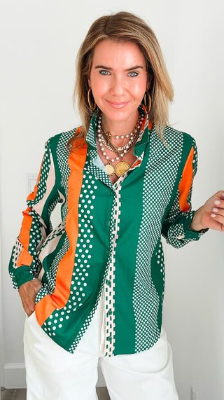 Mixed Dot Stripe Button Blouse Top