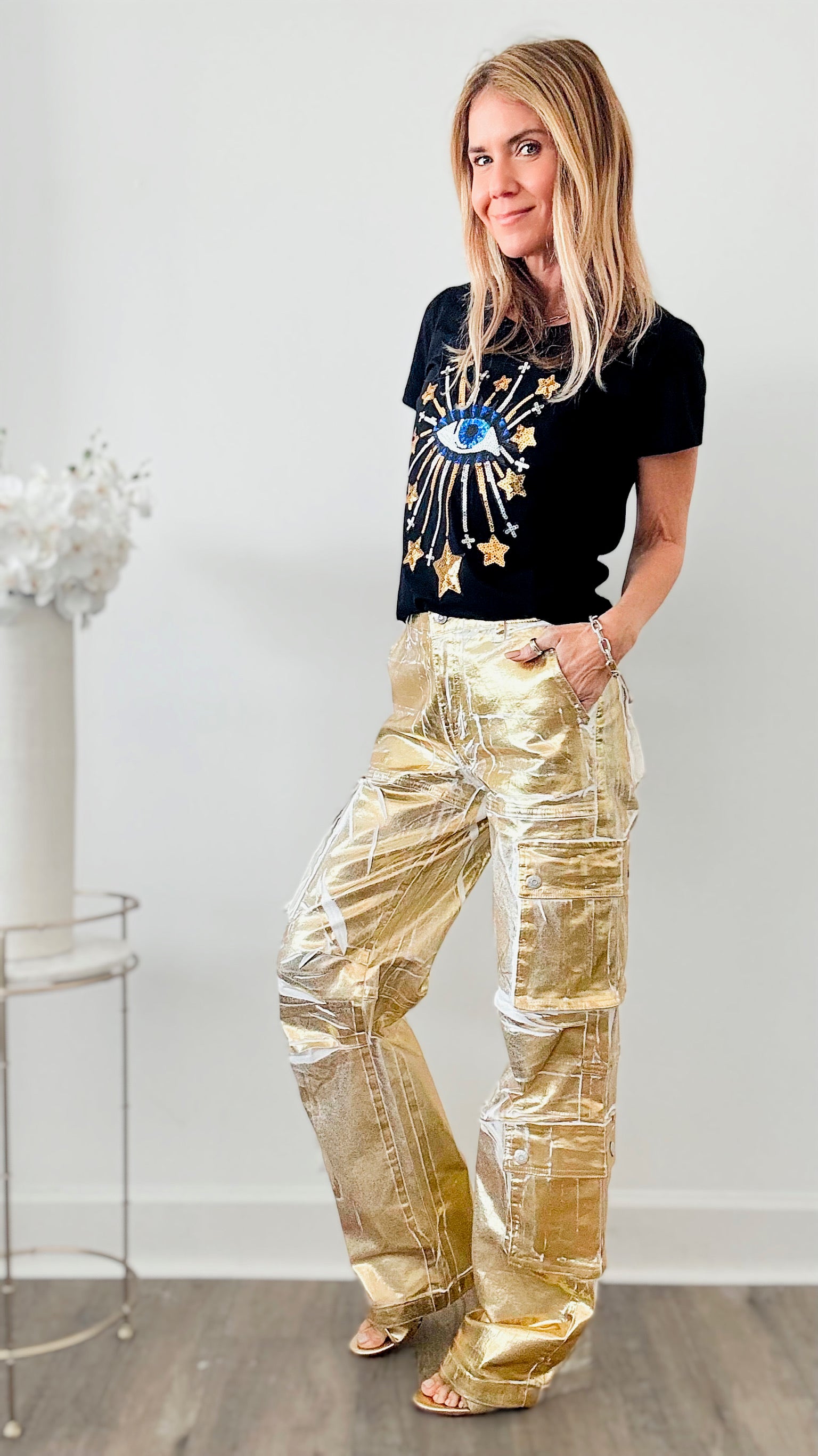 Gilded in Gold Baggy Cargo Pants-170 Bottoms-Vibrant M.i.U-Coastal Bloom Boutique, find the trendiest versions of the popular styles and looks Located in Indialantic, FL