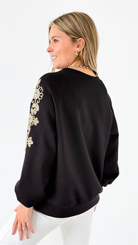 Ornate Blossom Sleeve Italian Sweater- Black-140 Sweaters-Italianissimo-Coastal Bloom Boutique, find the trendiest versions of the popular styles and looks Located in Indialantic, FL