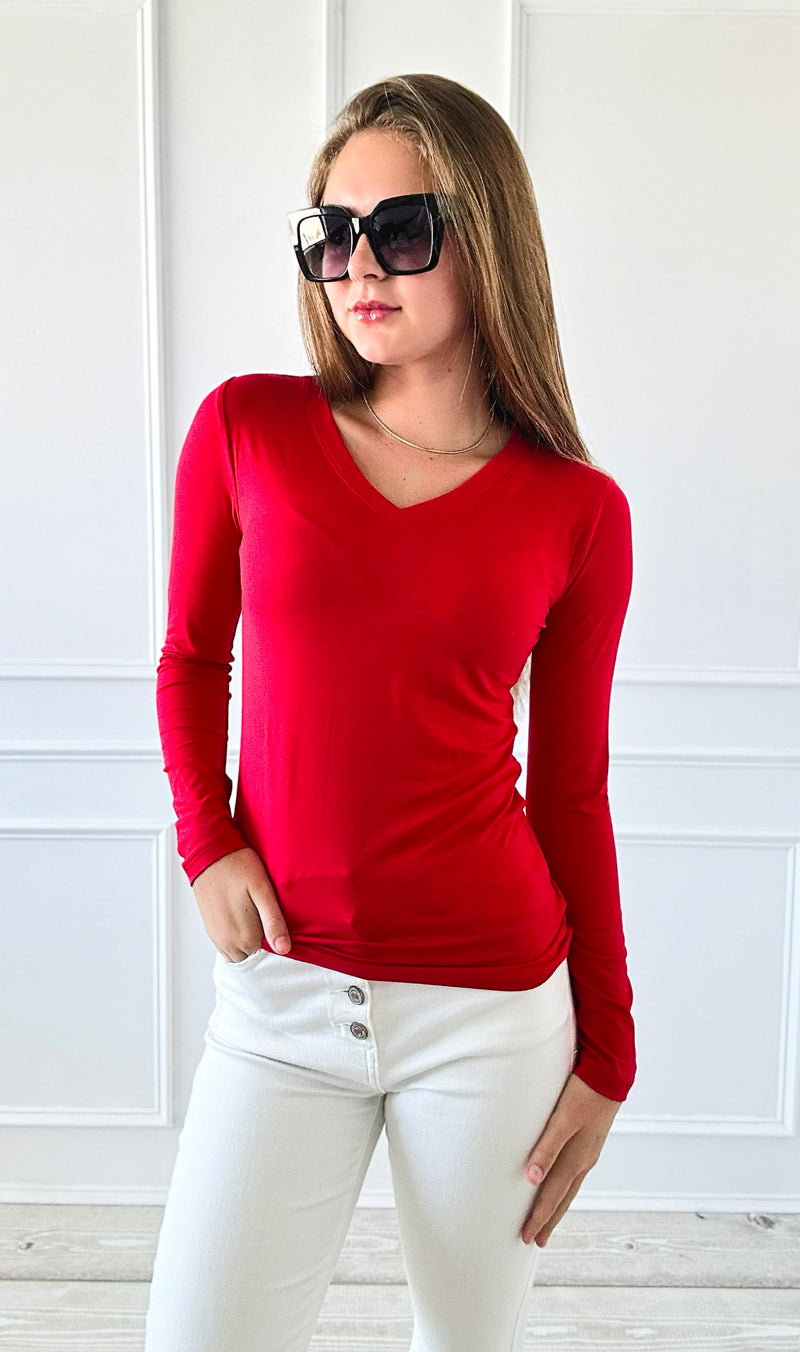 V-Neck Anniston Microfiber Tee - Ruby-130 Long Sleeve Tops-Zenana-Coastal Bloom Boutique, find the trendiest versions of the popular styles and looks Located in Indialantic, FL