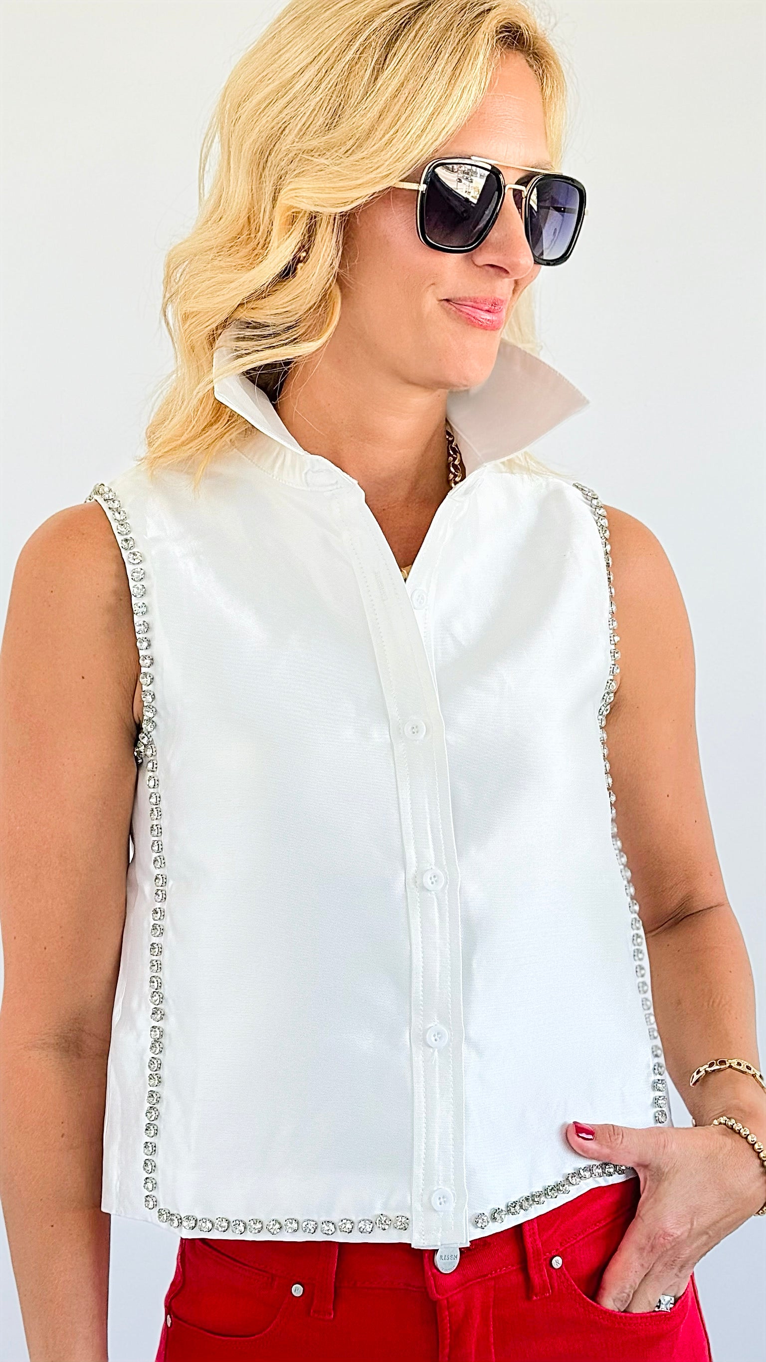 Crystal Edge Satin Button-Up - White-130 Long Sleeve Tops-PASTEL DESIGN-Coastal Bloom Boutique, find the trendiest versions of the popular styles and looks Located in Indialantic, FL