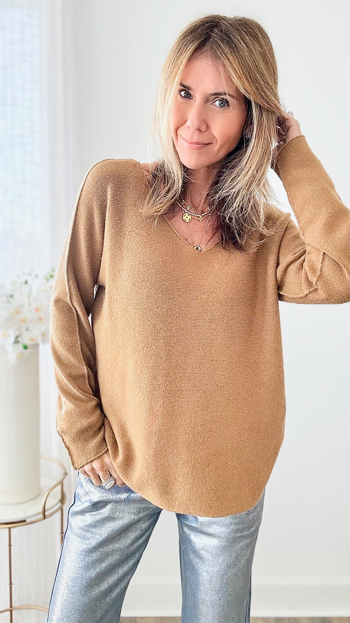 Soho Italian V-Neck Pullover - Camel-140 Sweaters-Italianissimo-Coastal Bloom Boutique, find the trendiest versions of the popular styles and looks Located in Indialantic, FL