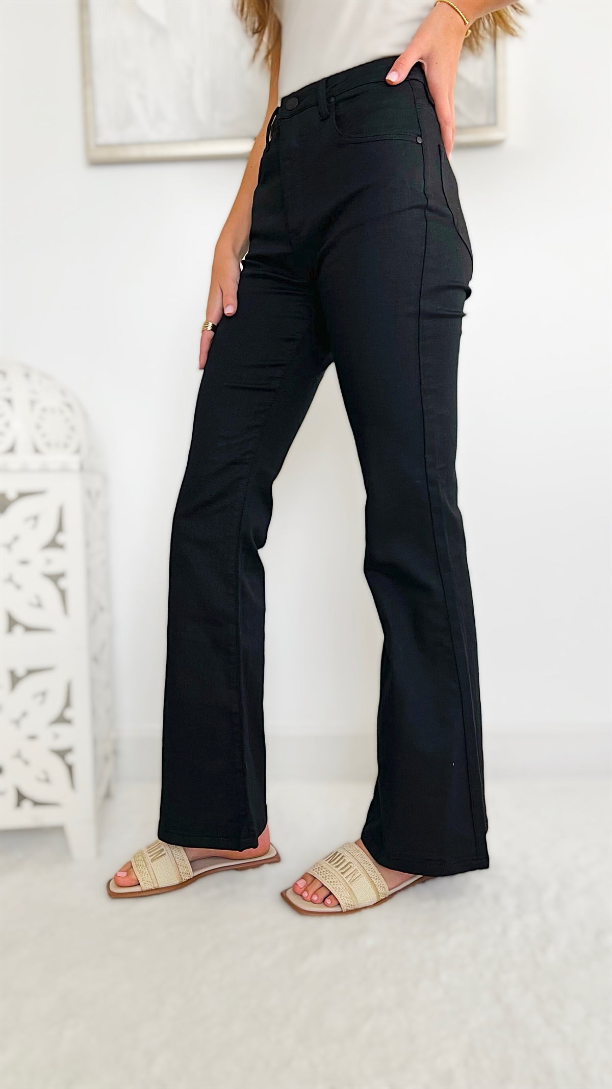 High Rise Black Coated Flare Jeans-170 Bottoms-RISEN JEANS-Coastal Bloom Boutique, find the trendiest versions of the popular styles and looks Located in Indialantic, FL