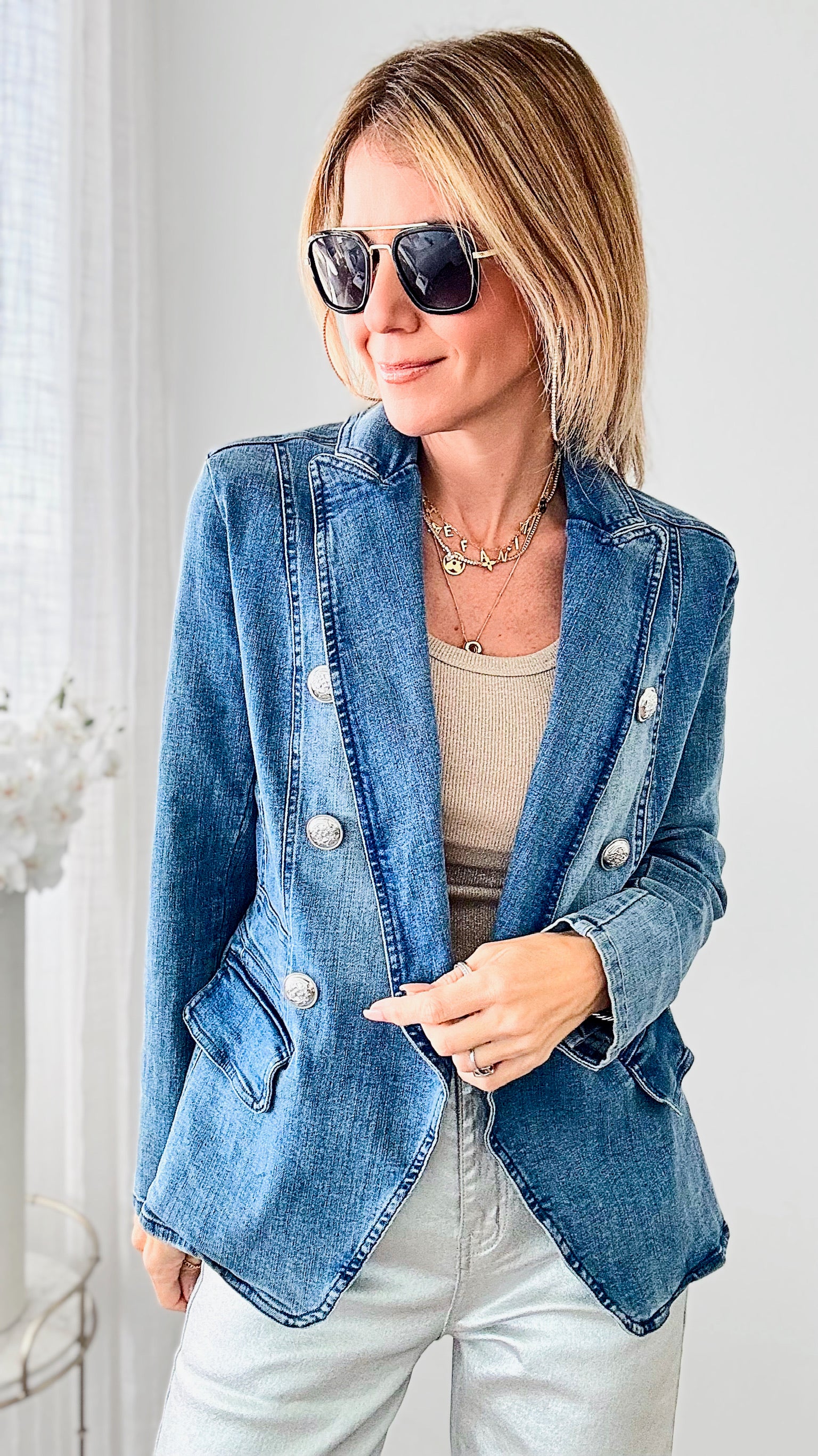 Double Breasted Military Denim Blazer