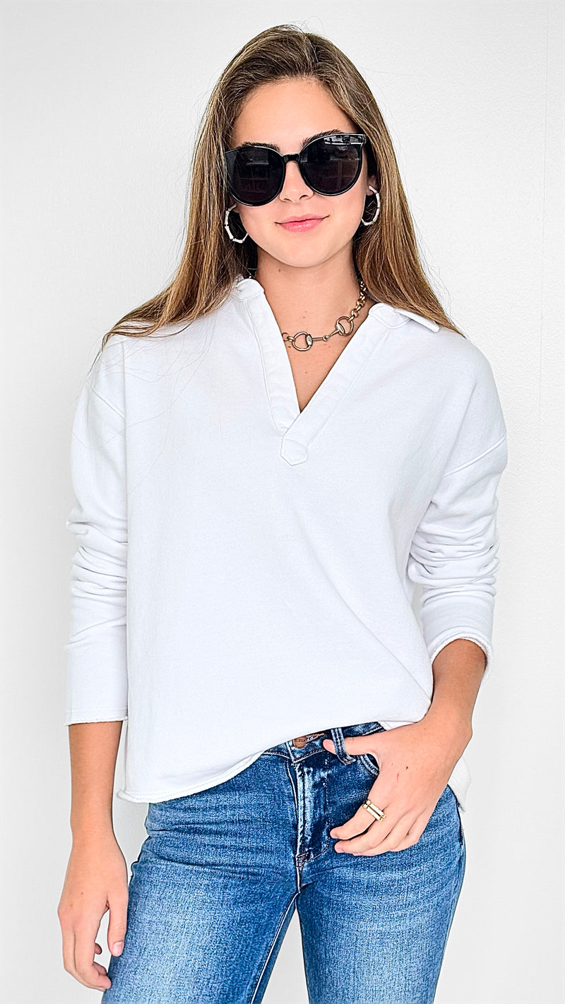 Cozy Lounge Collar Pullover Top - White-110 Long Sleeve Tops-Mono B-Coastal Bloom Boutique, find the trendiest versions of the popular styles and looks Located in Indialantic, FL